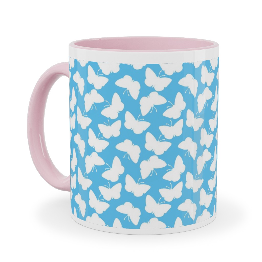 Butterflies - White on Blue Ceramic Mug, Pink,  , 11oz, Blue