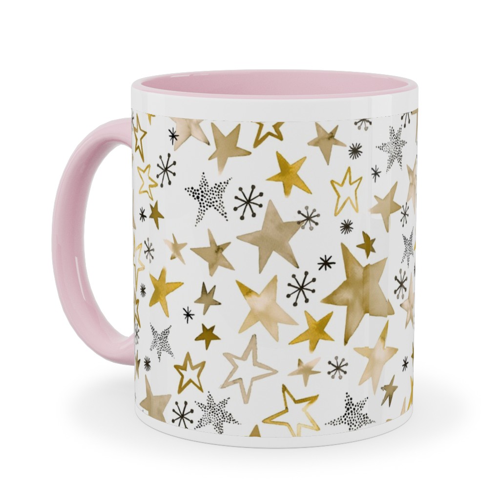 Winter Stars Christmas - Gold Ceramic Mug, Pink, , 11oz, Yellow