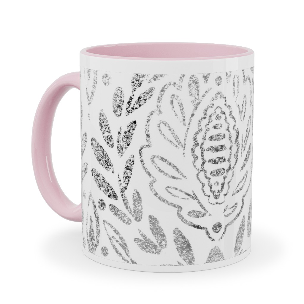 Distressed Damask Leaves - Grey Ceramic Mug, Pink,  , 11oz, Gray