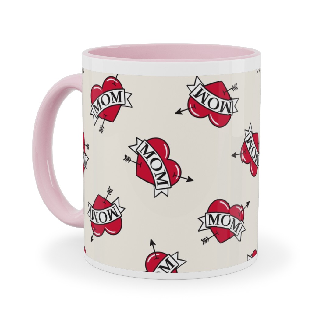 Mom Heart Tattoo - Red on Cream Ceramic Mug, Pink,  , 11oz, Red