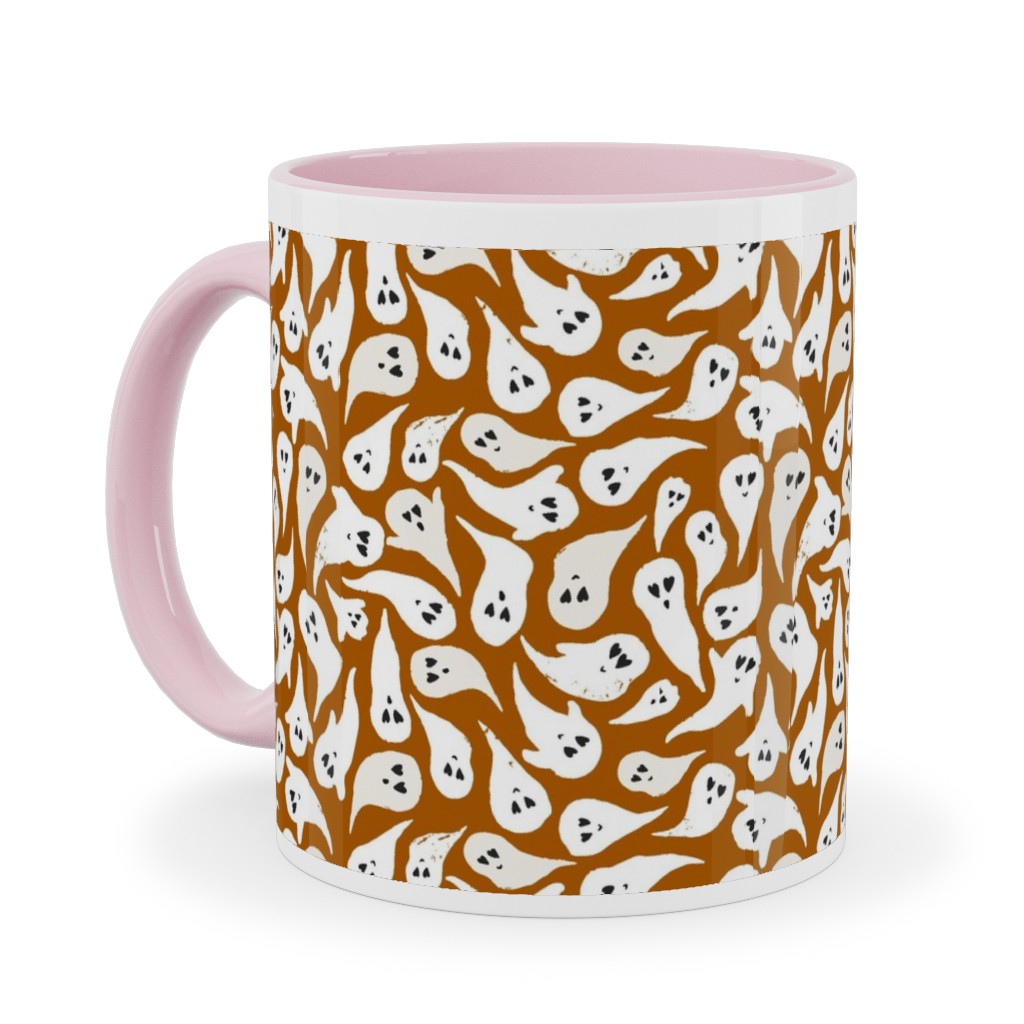 Halloween Ghosts on Dark Burnt Orange Ceramic Mug, Pink, , 11oz, Orange, Orange