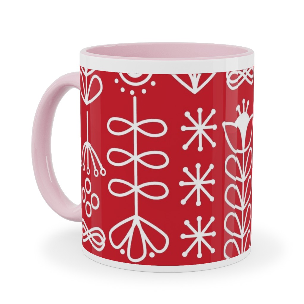 Red and White Nordic Mod Floral Ceramic Mug, Pink, , 11oz, Red, Red
