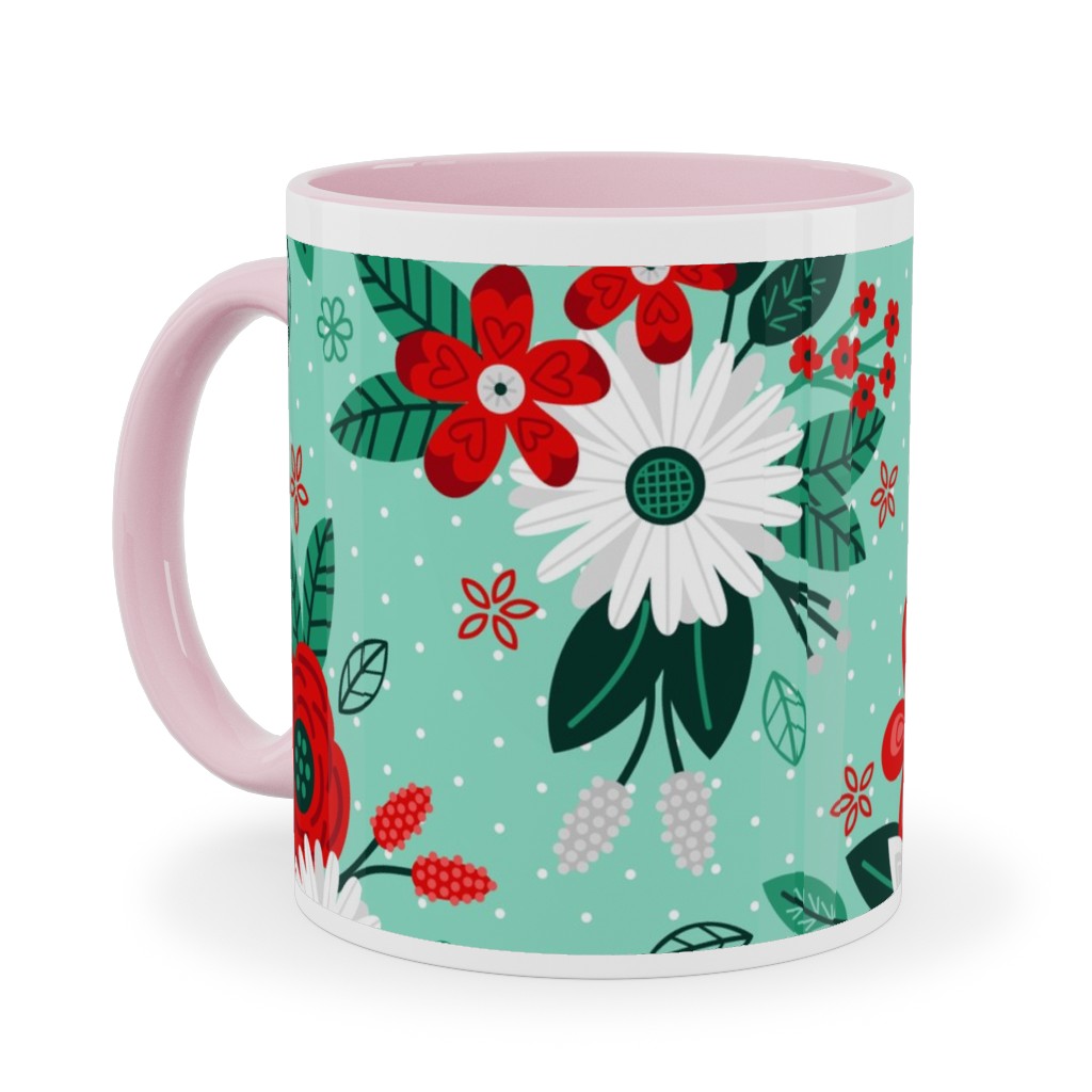 Holiday Floral Bouquet Ceramic Mug, Pink, , 11oz, Green, Classic Green