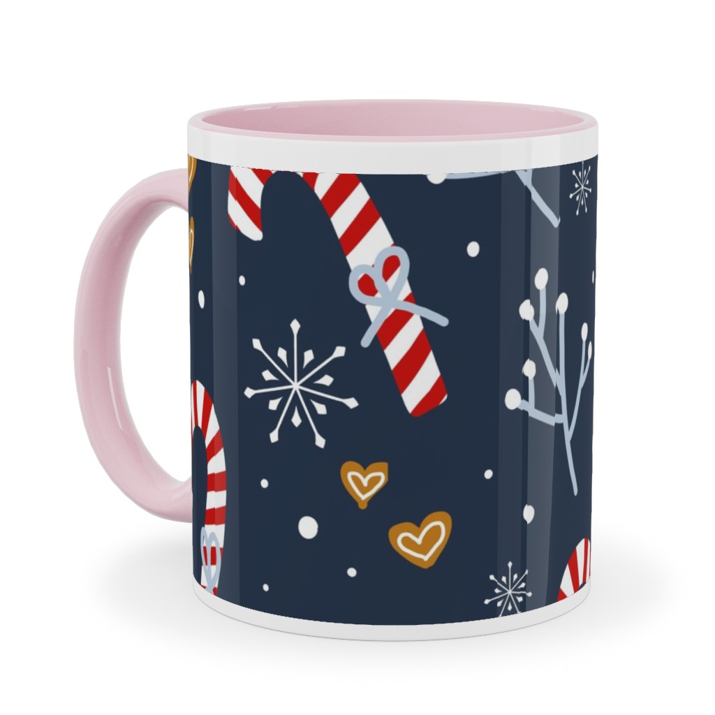 Candy Canes and Gingerbread Hearts Ceramic Mug, Pink, , 11oz, Blue, True Blue