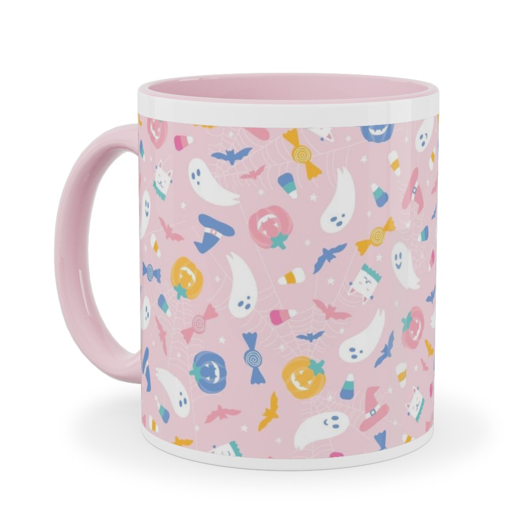 Pastel Halloween Happy Ghosts and Candy Corn Ceramic Mug, Pink,  , 11oz, Pink