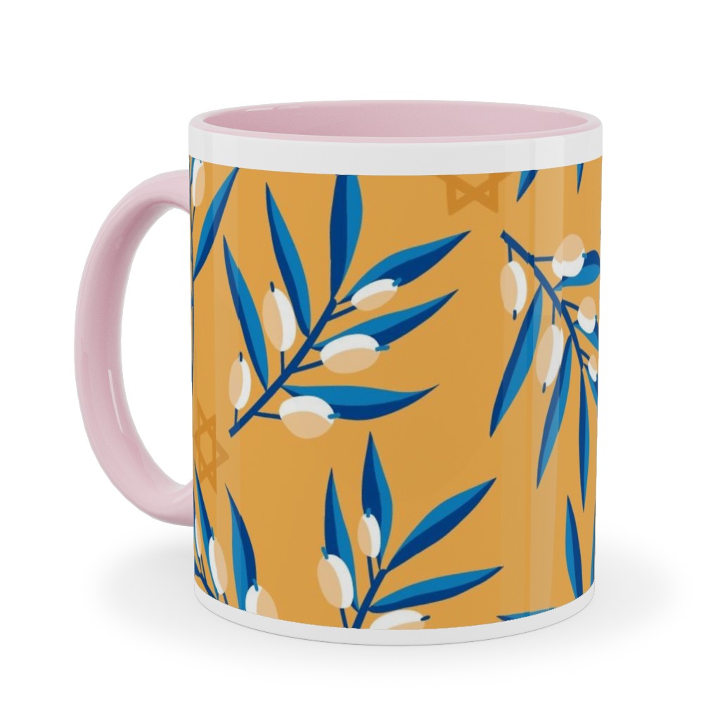 Olive Branches Hanukkah - Blue on Yellow Ceramic Mug, Pink,  , 11oz, Yellow