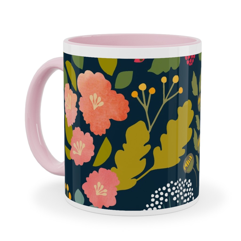 Garden Sprigs - Navy Ceramic Mug, Pink,  , 11oz, Multicolor