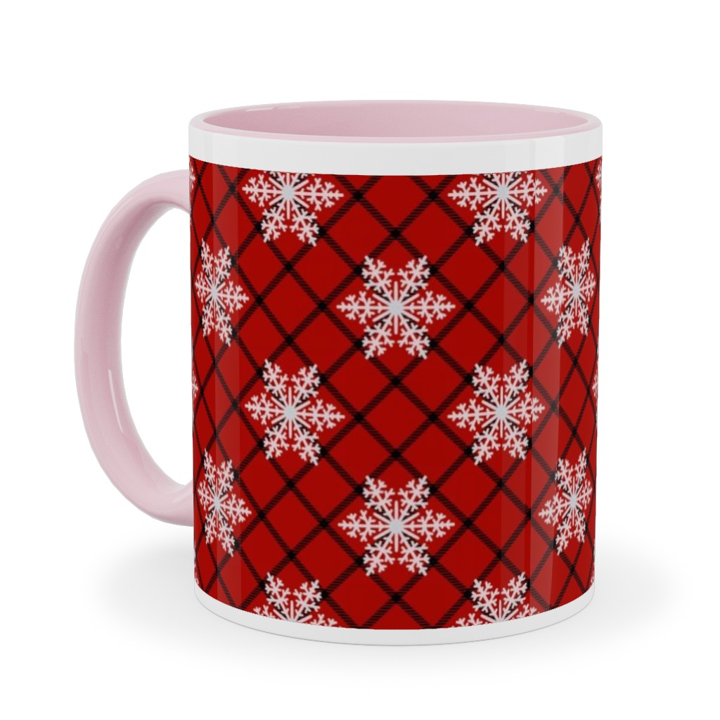 Snowy Winter Diagonal Checker Plaid - Red and Black Ceramic Mug, Pink,  , 11oz, Red