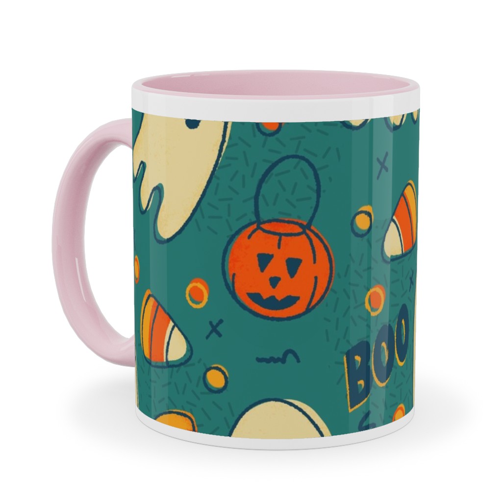 Candy Corn and Ghosts - Green Ceramic Mug, Pink, , 11oz, Multicolor