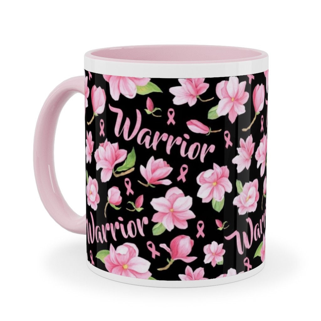 Warrior Pink Ribbon and Flowers - Pink Ceramic Mug, Pink, , 11oz, Pink, Bright Pink