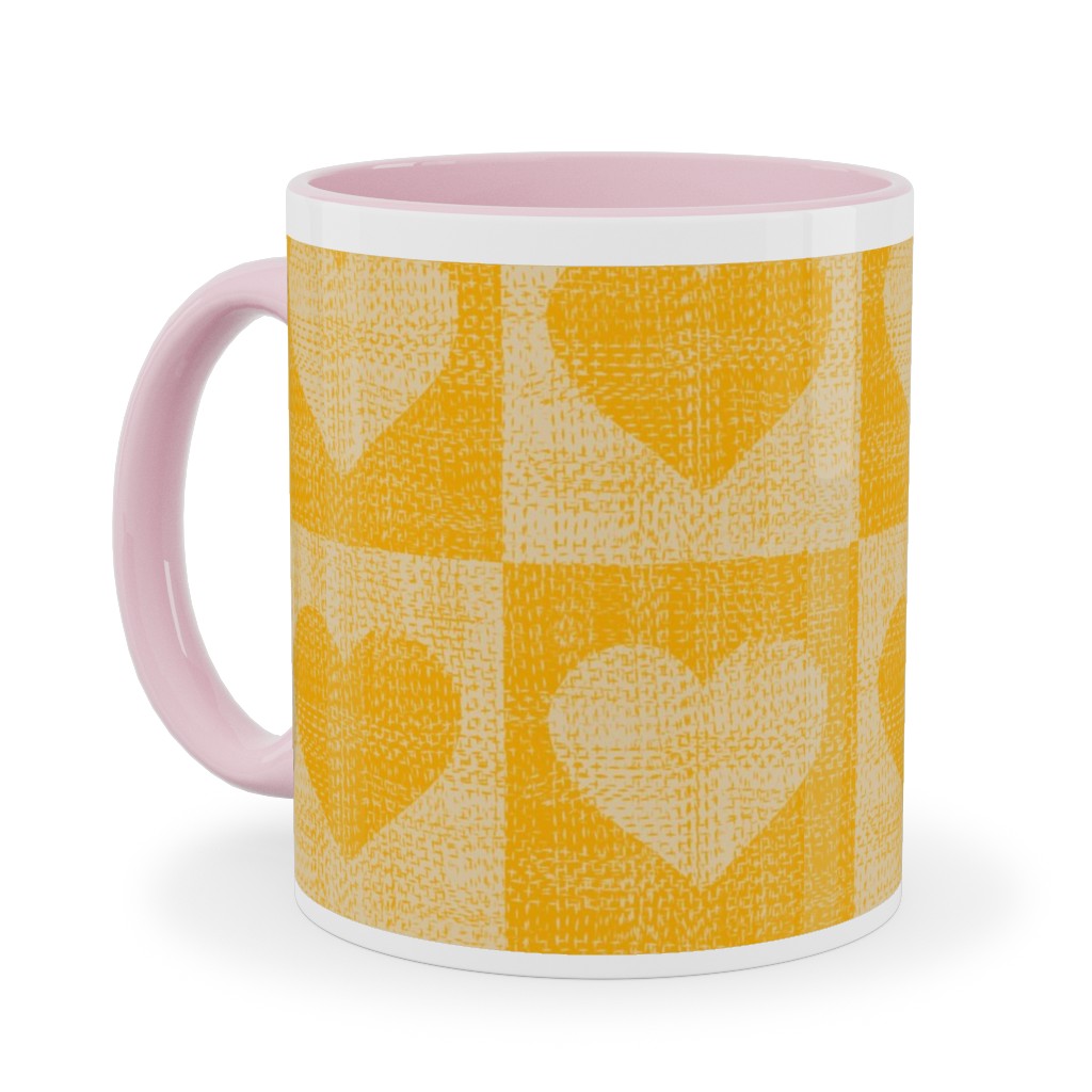 Love Hearts Check - Yellow Ceramic Mug, Pink,  , 11oz, Yellow