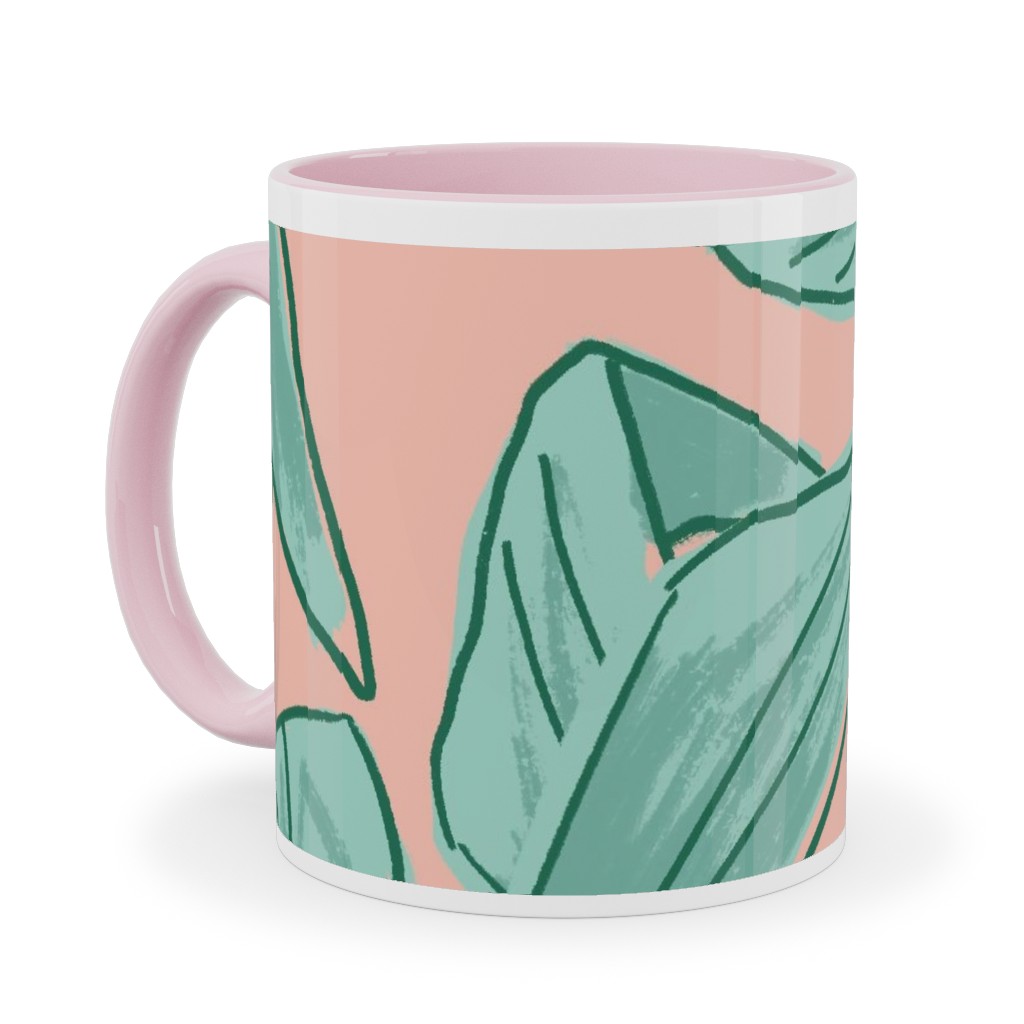 Lush Tropical Leaves - Pink and Mint Ceramic Mug, Pink, , 11oz, Green, Classic Green