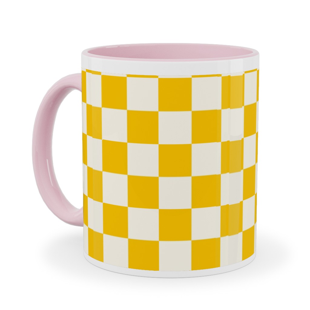 Checkered Pattern - Yellow Ceramic Mug, Pink,  , 11oz, Yellow