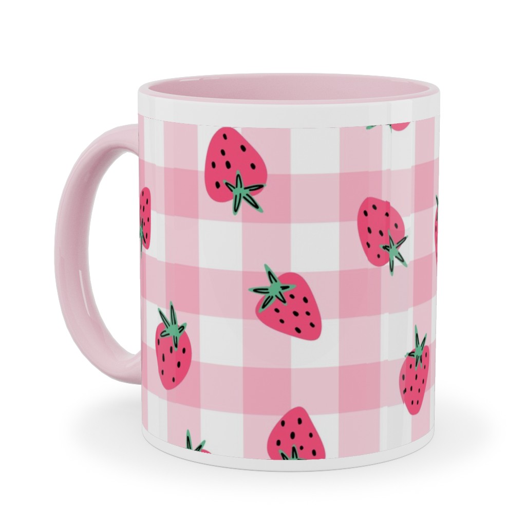 Summer Strawberry Gingham - Pink Ceramic Mug, Pink,  , 11oz, Pink