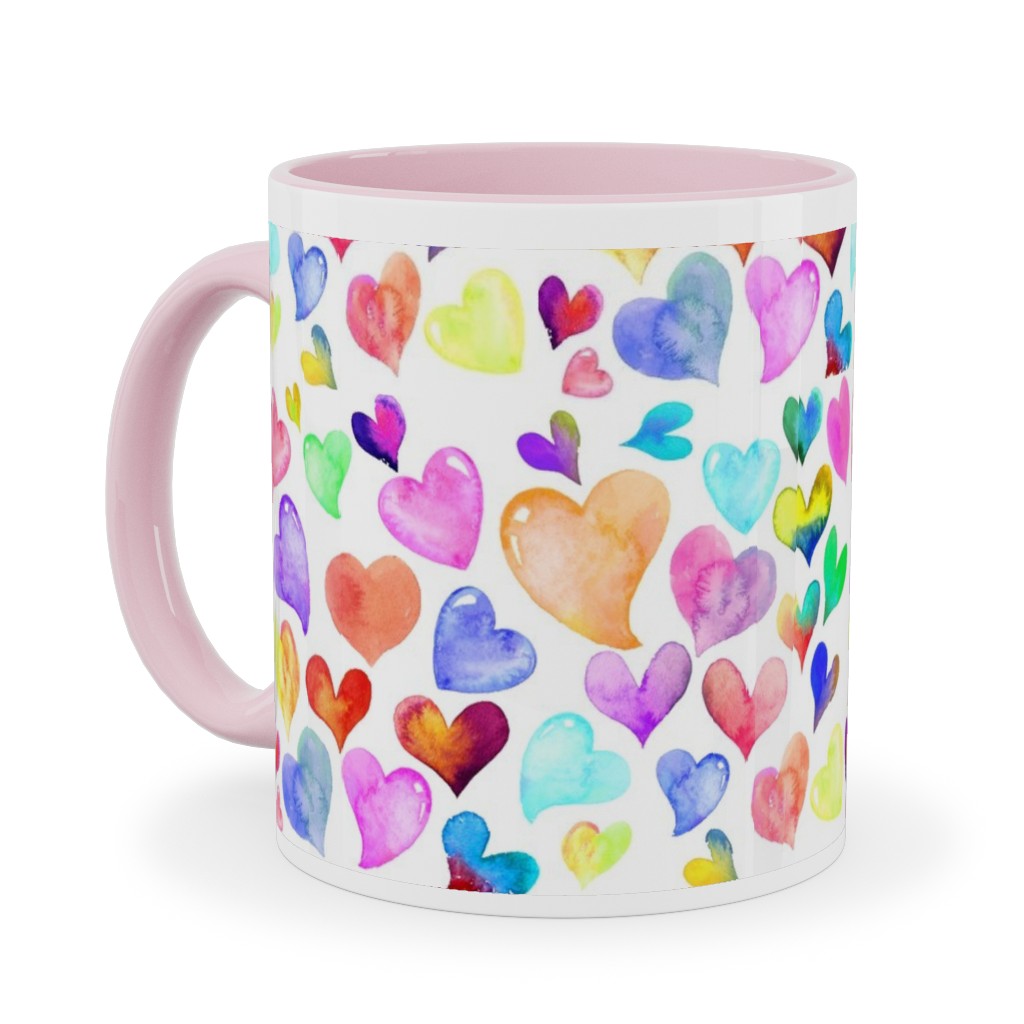 Colorful Watercolor Hearts - Multi on White Ceramic Mug, Pink, , 11oz, Multicolor