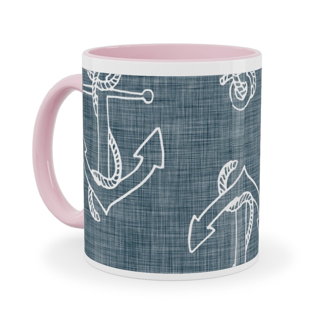 Anchors Away - Textured Blue Ceramic Mug, Pink,  , 11oz, Blue