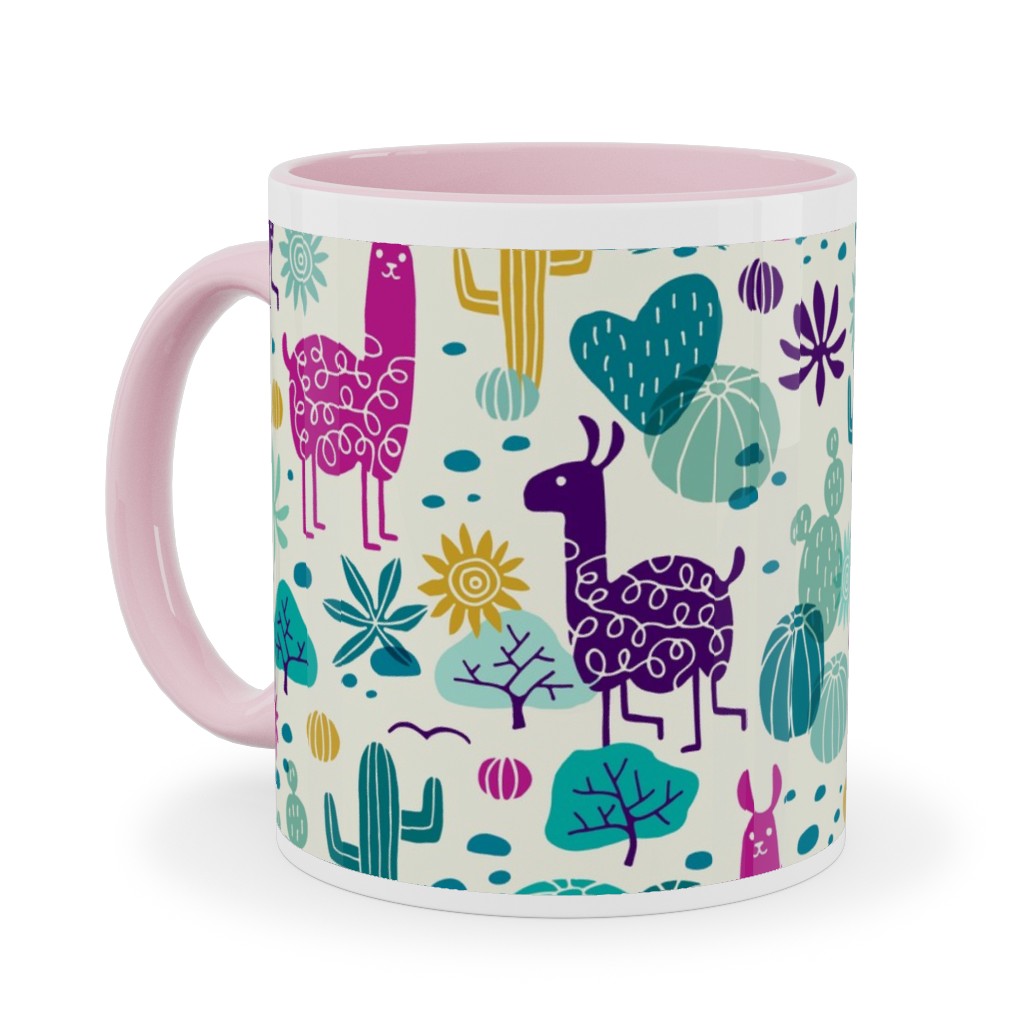 Llamas in the Desert - Multicolor Ceramic Mug, Pink,  , 11oz, Multicolor