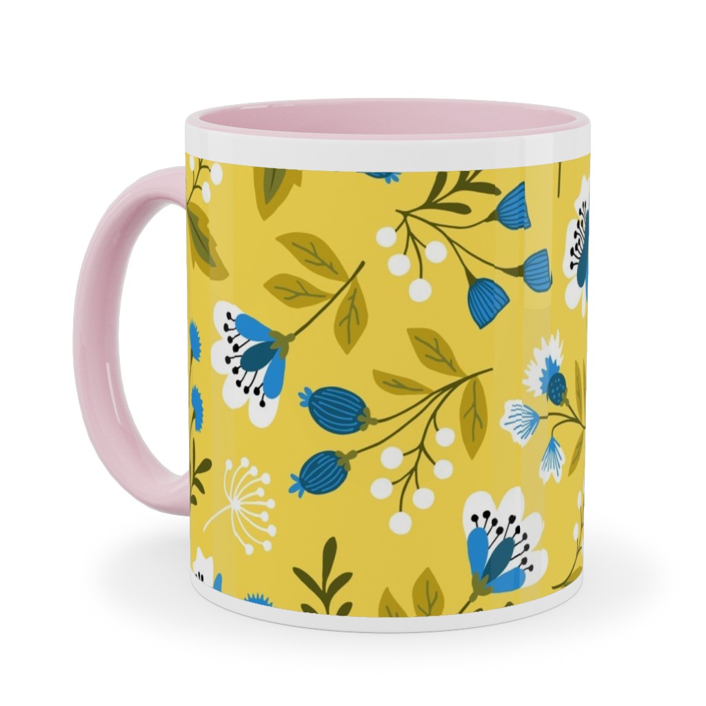 Colorful Spring Flowers - Blue on Yellow Ceramic Mug, Pink,  , 11oz, Yellow