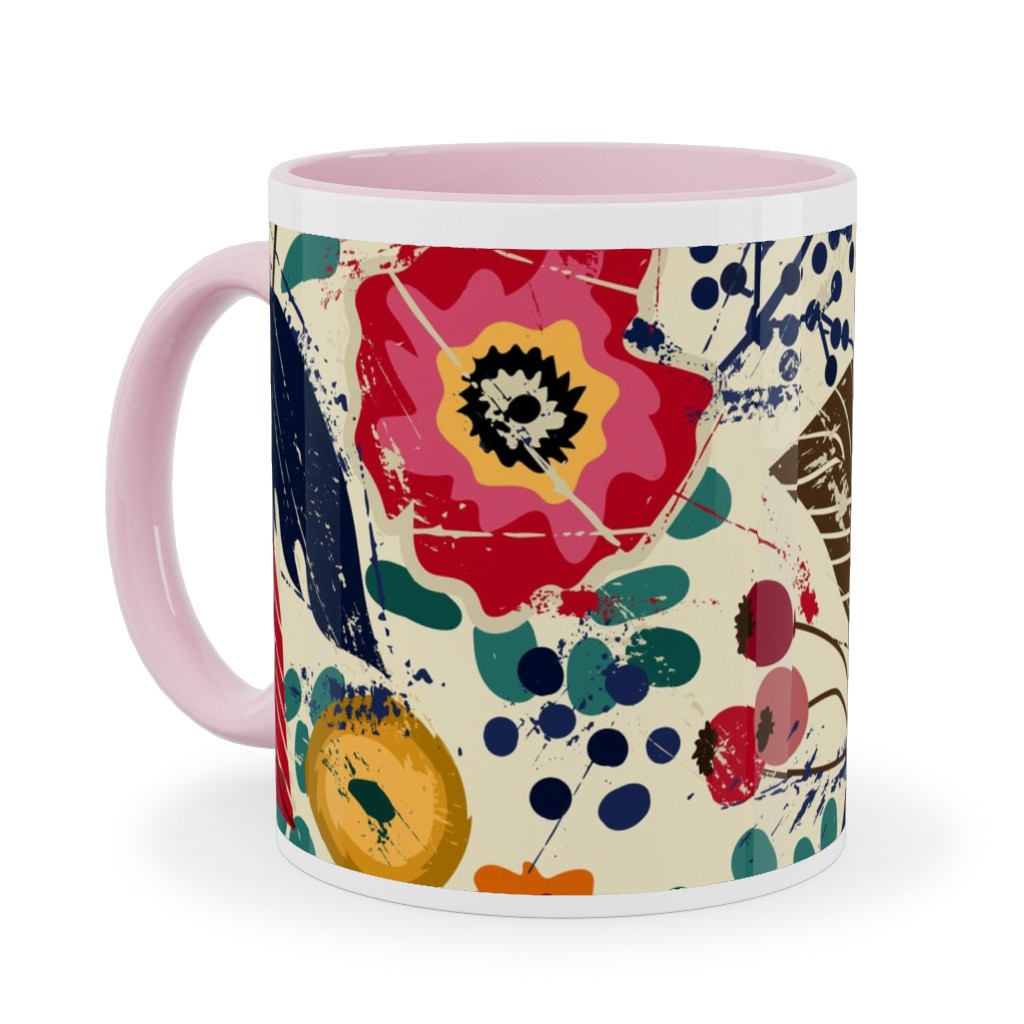 Botanical Block Print Ceramic Mug, Pink, , 11oz, Multicolor