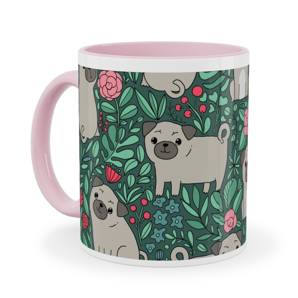 Cute Pugs and Flowers - Multicolor Ceramic Mug, Pink,  , 11oz, Green