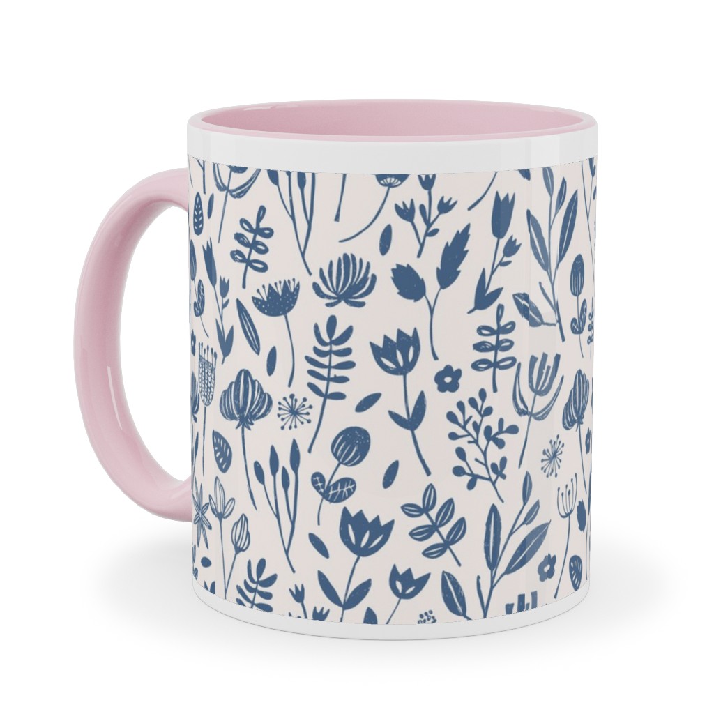 Folk Botanical Print - Blue Ceramic Mug, Pink, , 11oz, Blue, True Blue