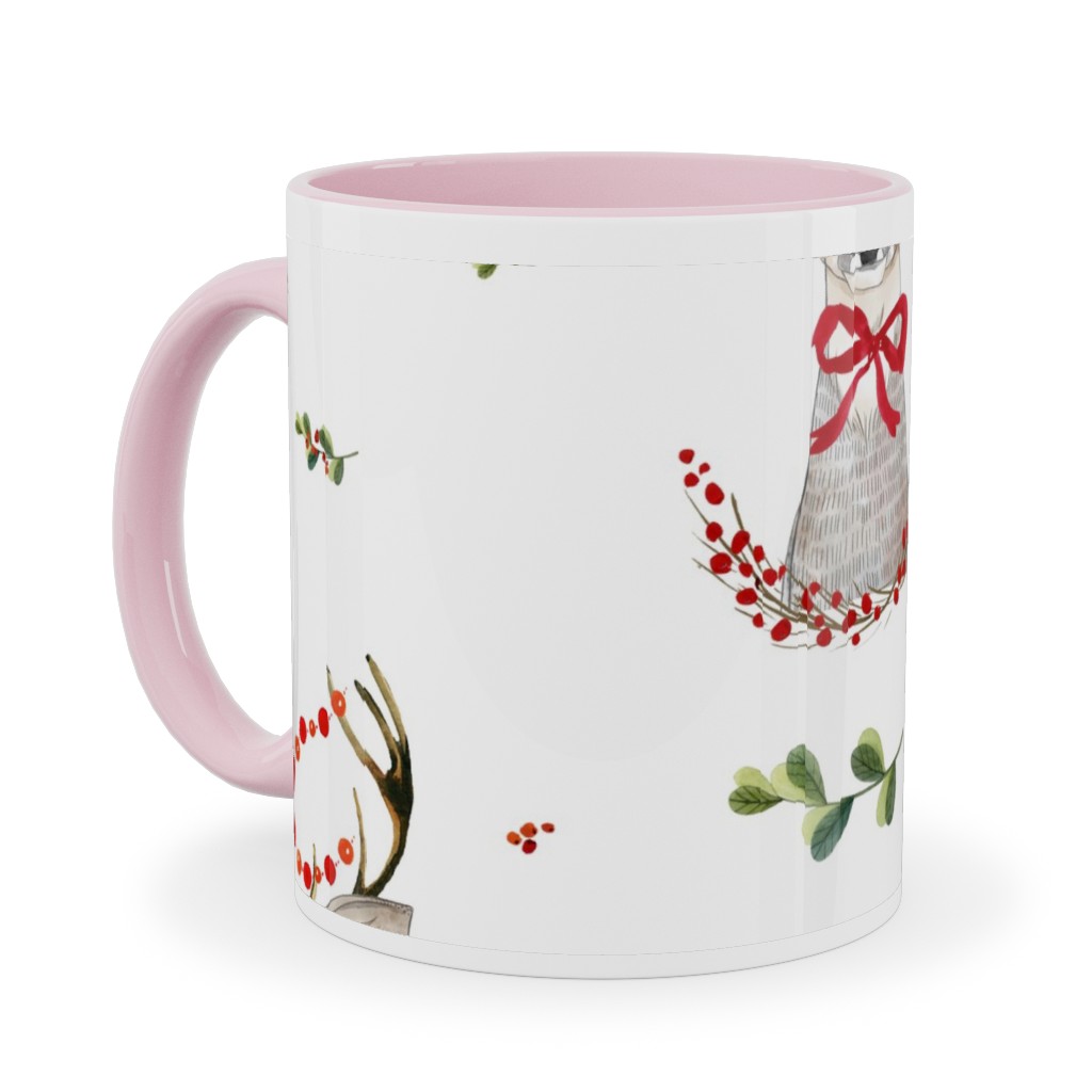 Holiday Fancy Deer With Holly Ceramic Mug, Pink, , 11oz, Multicolor