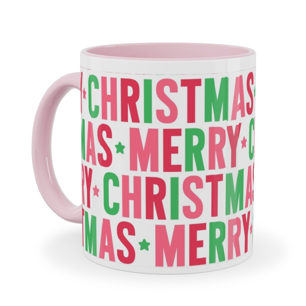 Merry Christmas Uppercase - Green, Pink, Red Ceramic Mug, Pink,  , 11oz, Multicolor