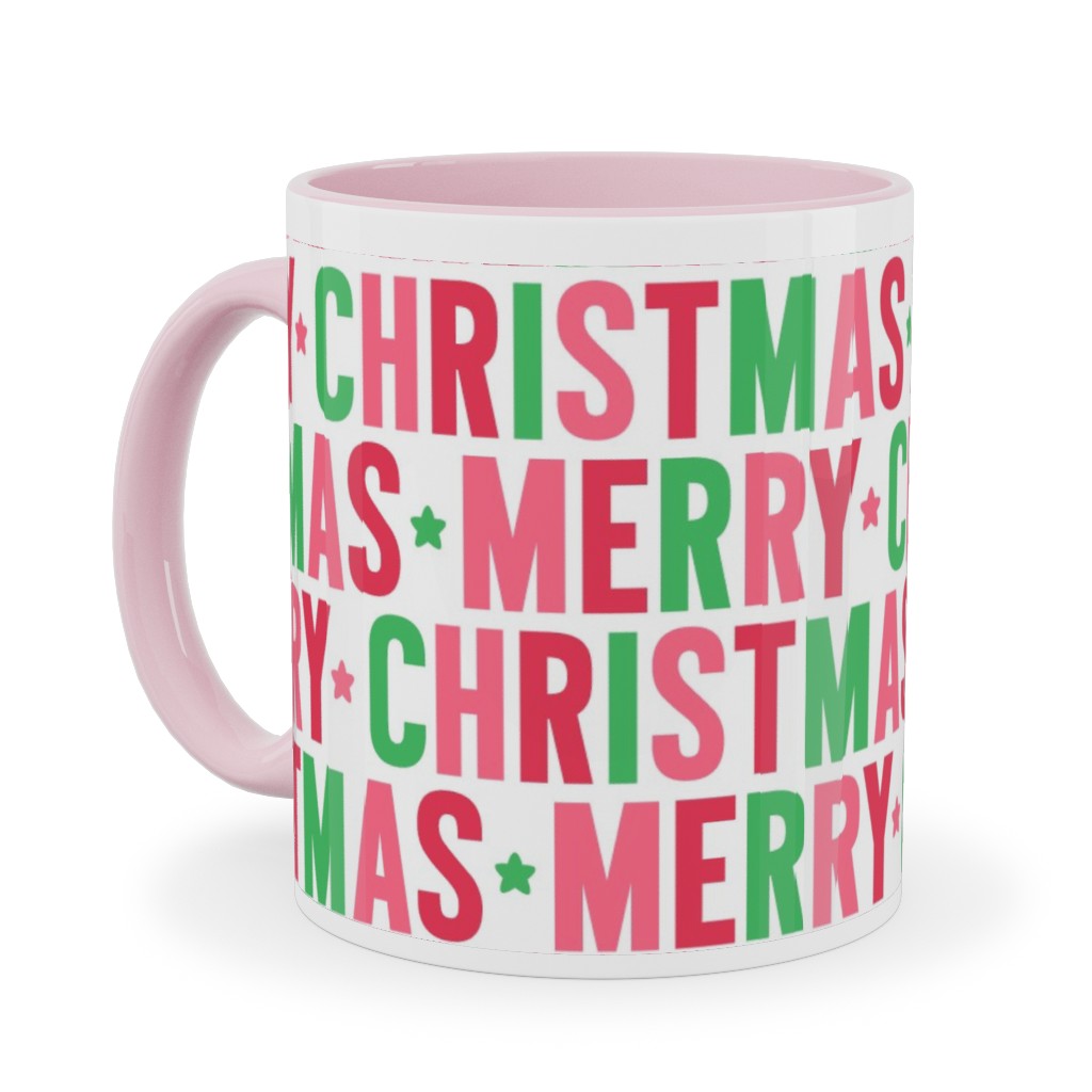 Merry Christmas Uppercase - Green, Pink, Red Ceramic Mug, Pink, , 11oz, Multicolor