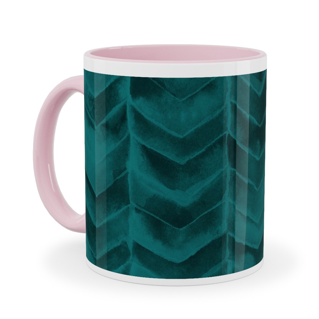 Watercolor Chevron Ceramic Mug, Pink, , 11oz, Green, Seaweed