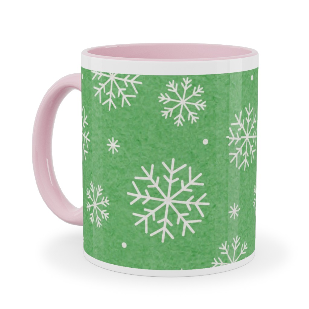 Snowflakes on Mottled Green Ceramic Mug, Pink, , 11oz, Green, Classic Green