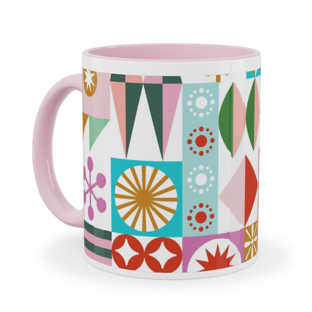 Santa's Workshop Geometric Stars Snowflakes Grid Holiday Stripes - Multi Ceramic Mug, Pink,  , 11oz, Multicolor