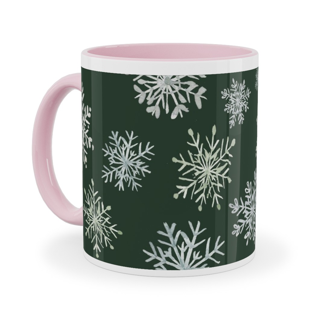 Lace Snowflakes on Hunter Green Ceramic Mug, Pink, , 11oz, Green, Classic Green
