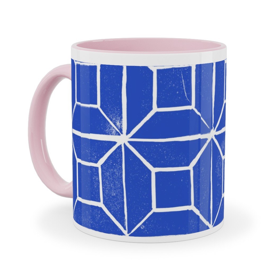 Geometric Lino - Cobalt Ceramic Mug, Pink,  , 11oz, Blue