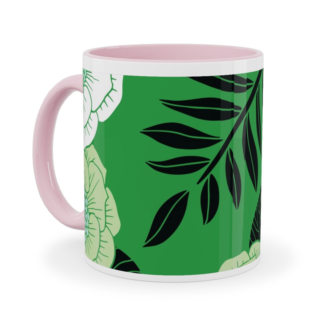 Green, Black & White Floral Pattern Ceramic Mug, Pink,  , 11oz, Green