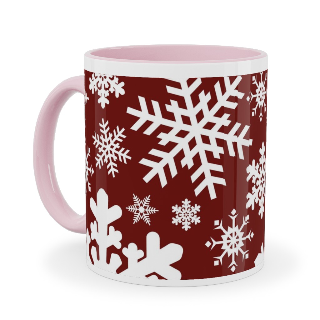 Christmas White Snowflakes on Red Background Ceramic Mug, Pink,  , 11oz, Red