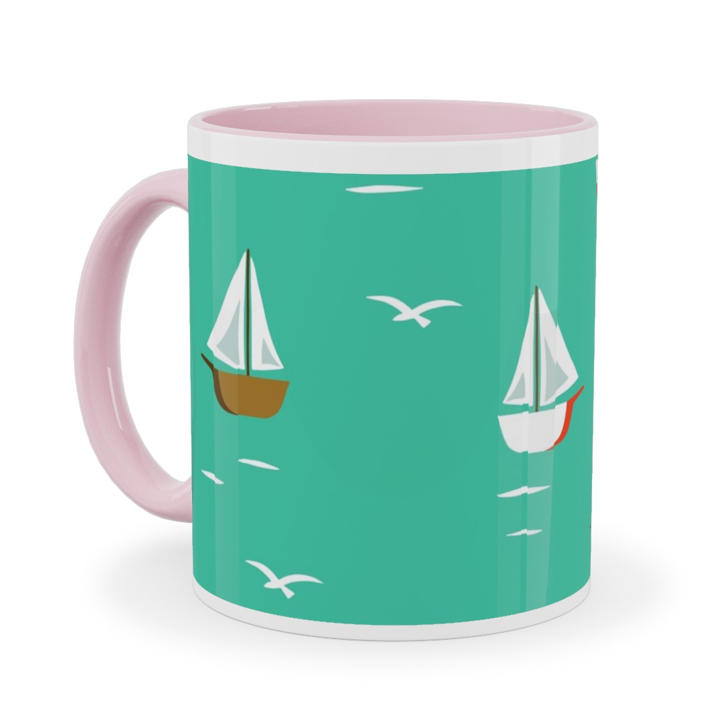 Sailboats Ceramic Mug, Pink,  , 11oz, Green