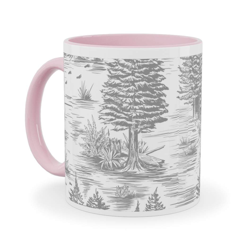 Bigfoot Sasquatch Toile De Jouy Ceramic Mug, Pink, , 11oz, Gray, Fog