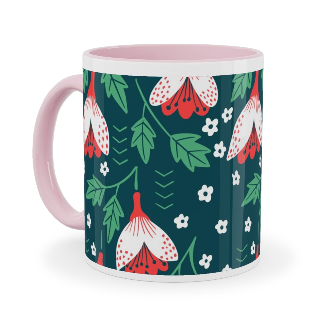 Christmas Flowers Ceramic Mug, Pink, , 11oz, Green, Classic Green