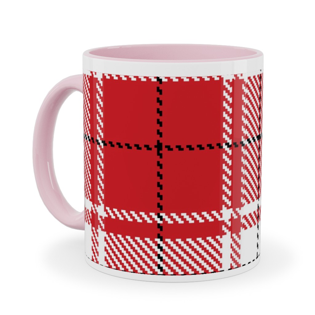 Tartan - White and Red Ceramic Mug, Pink,  , 11oz, Red