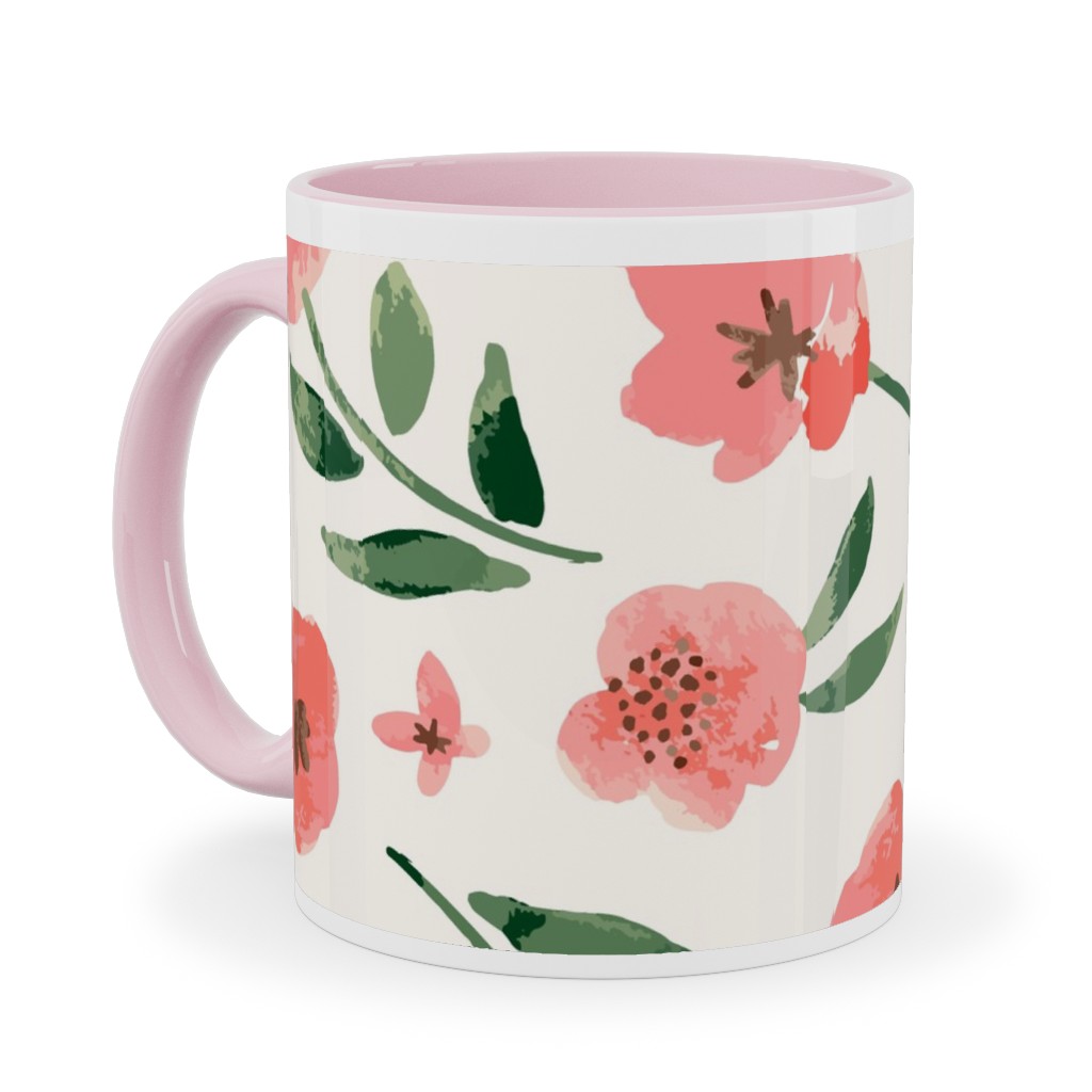 Scattered Watercolor Spring Flowers Ceramic Mug, Pink,  , 11oz, Pink