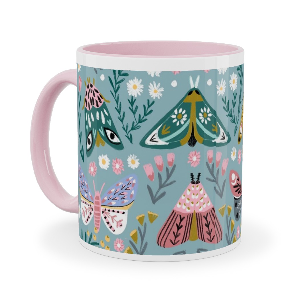 Spring Floral and Butterflies - Blue Ceramic Mug, Pink,  , 11oz, Multicolor
