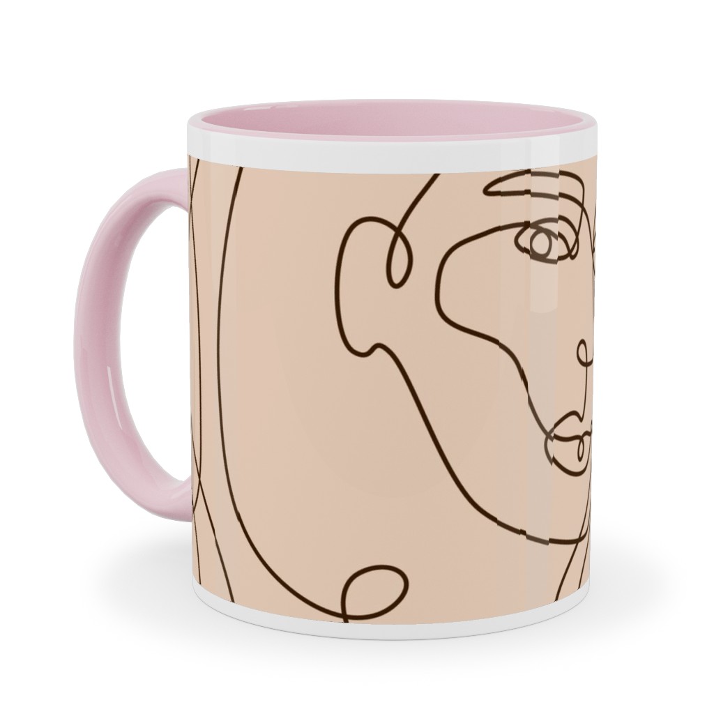 Hand Drawn Women Ceramic Mug, Pink,  , 11oz, Beige