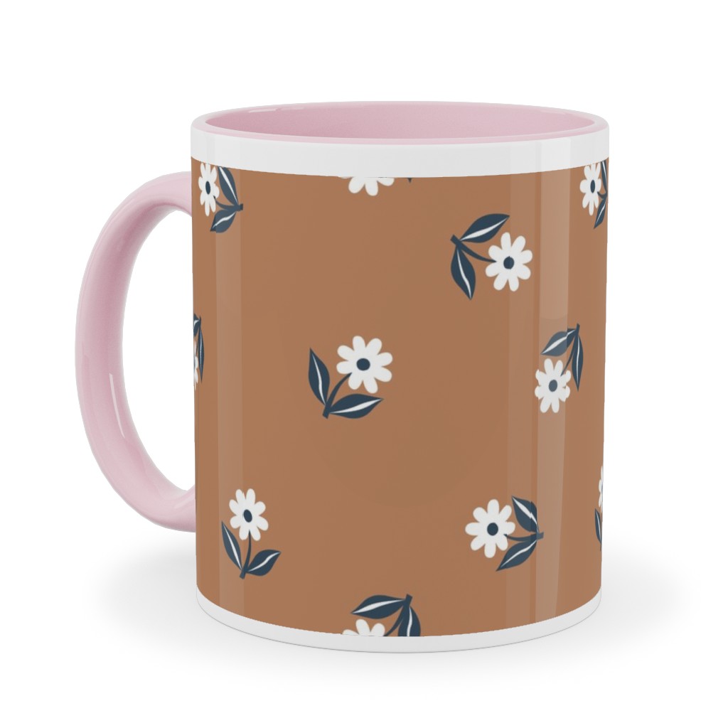 Romantic Boho Daisy Flowers - Scandinavian Print - Caramel Brown Blue Ceramic Mug, Pink, , 11oz, Orange, Orange