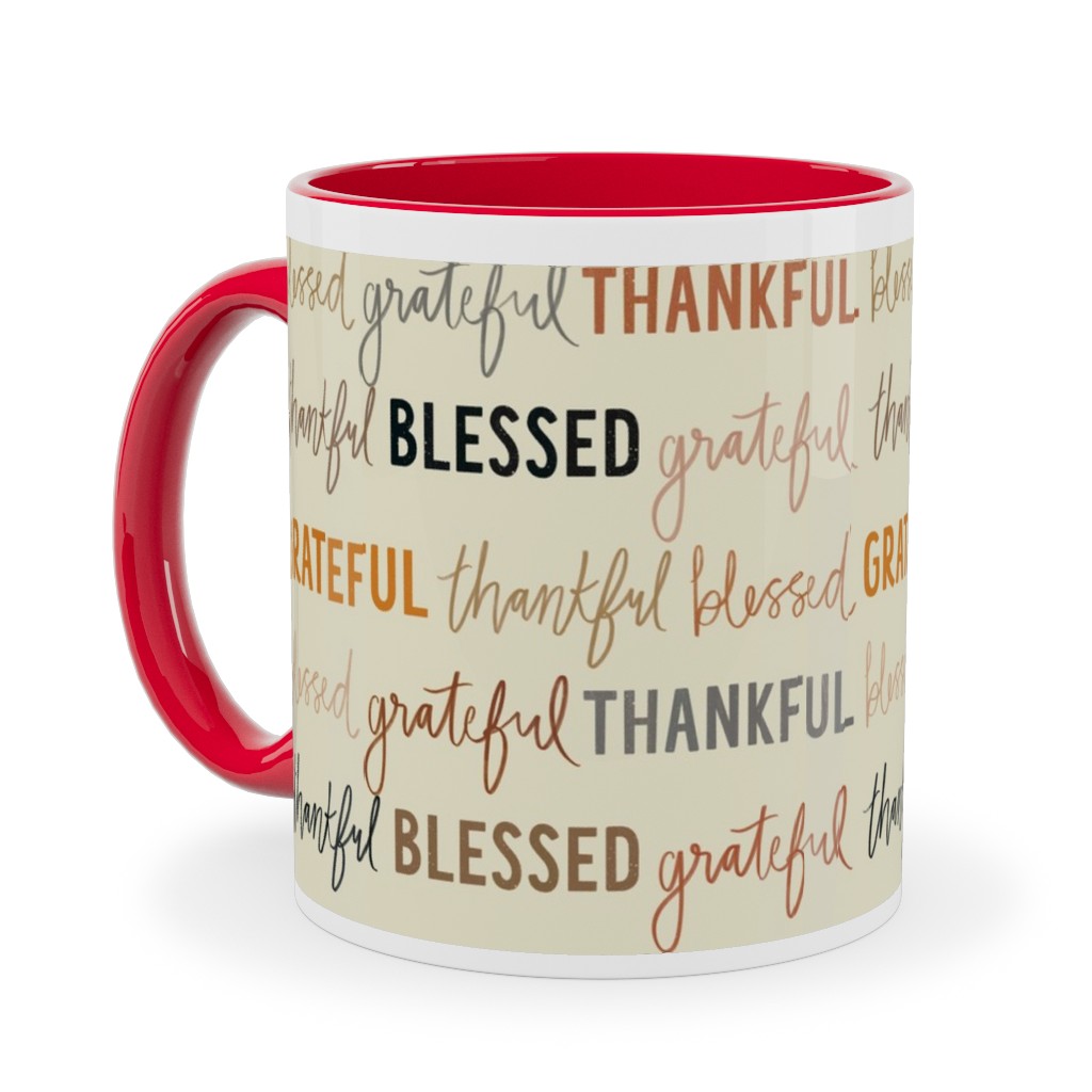 Grateful Thankful Blessed - Terracotta Ceramic Mug, Red, , 11oz, Beige, Pearl