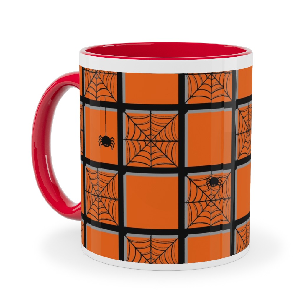 Orange Plaid Spider Webs Ceramic Mug, Red,  , 11oz, Orange