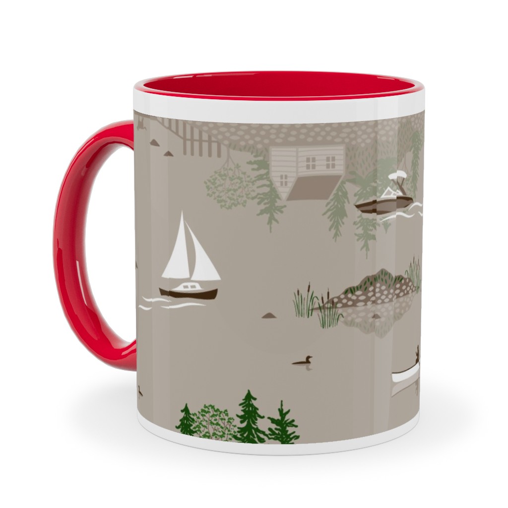 Boating on the Lake - Beige Ceramic Mug, Red, , 11oz, Beige, Pearl