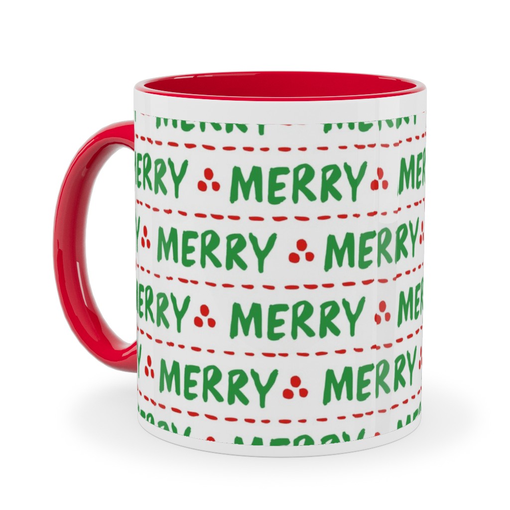 Hand Lettered Merry Ceramic Mug, Red,  , 11oz, Green