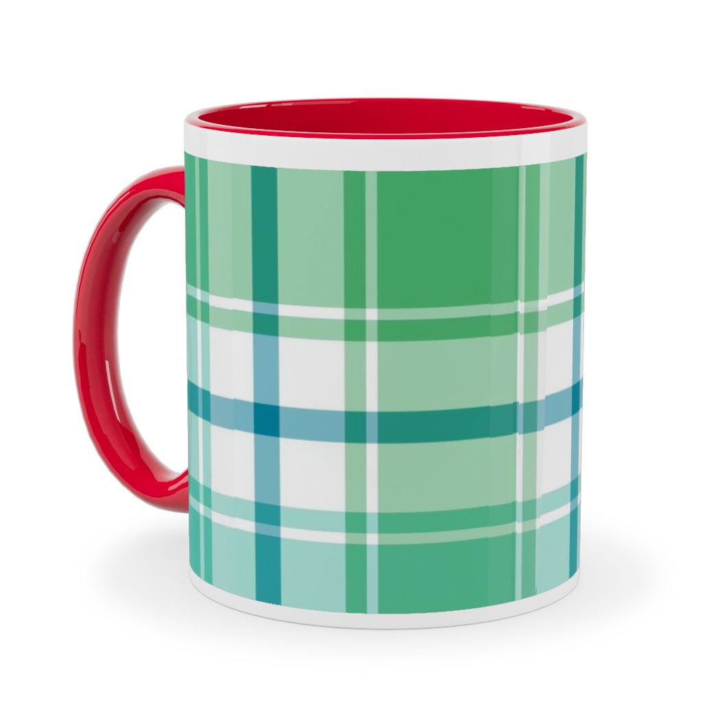 Blue, Green, Turquoise, and White Plaid Ceramic Mug, Red,  , 11oz, Green
