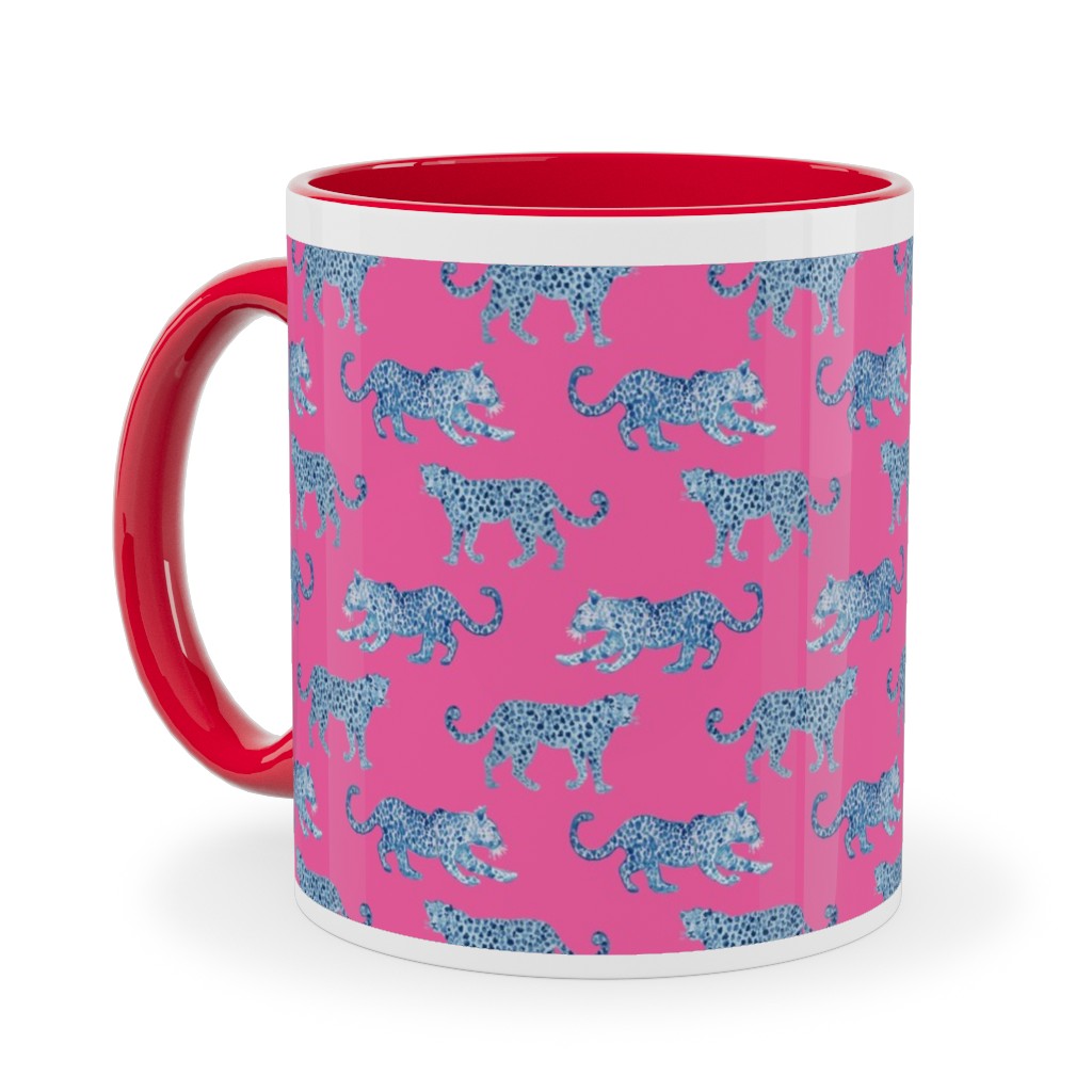 Tiny Leopard Parade - Blue on Hot Pink Ceramic Mug, Red, , 11oz, Pink, Bright Pink