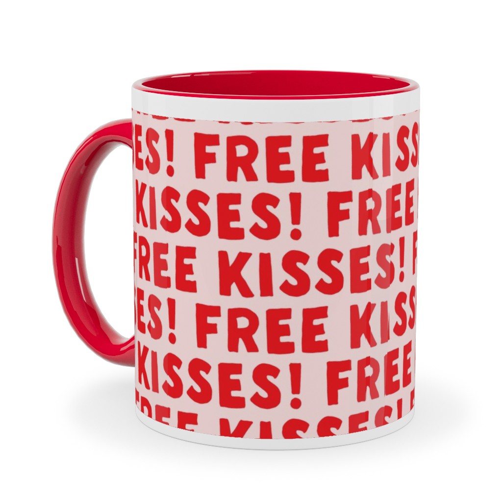 Free Kisses! - Red on Pink Ceramic Mug, Red, , 11oz, Red, Red